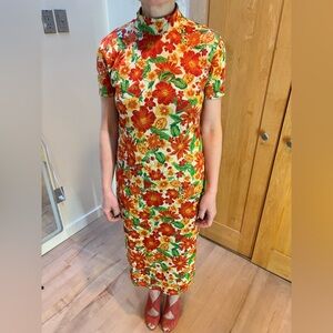 Zara Medium bright Floral Dress in Orange & Green